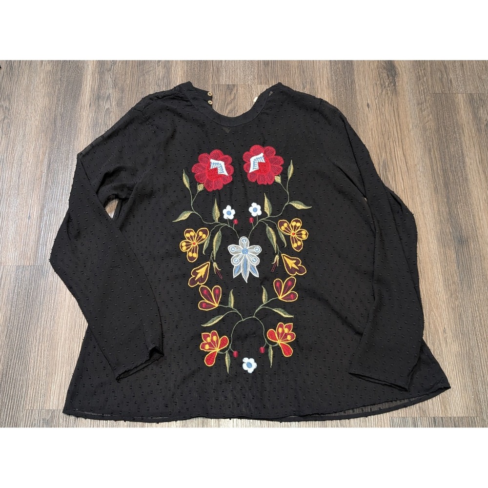 Philosophy Embroidered Floral Swiss Dot Blouse‎ Long Sleeve Black Size M